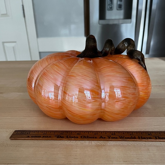 Hand Blown Glass Fall Pumpkin, Orange White Swirl with Brown Glass Stem - Picture 5 of 5
